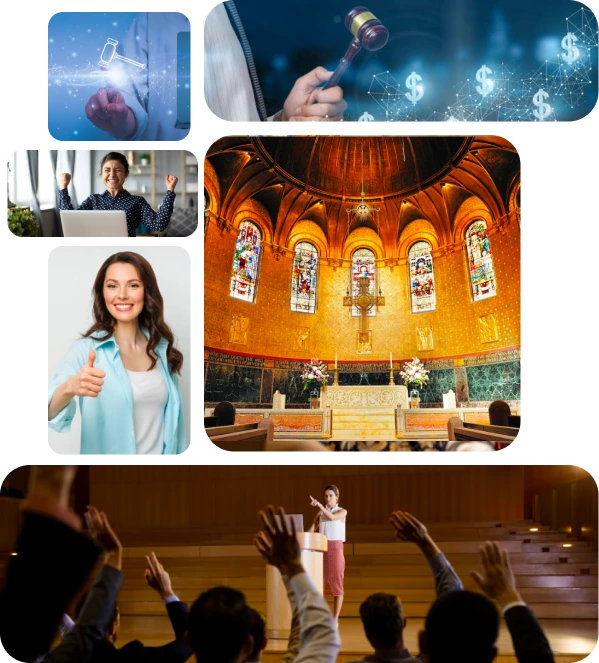 Auction-themed image showing various auction items representing GiveCentral's platform