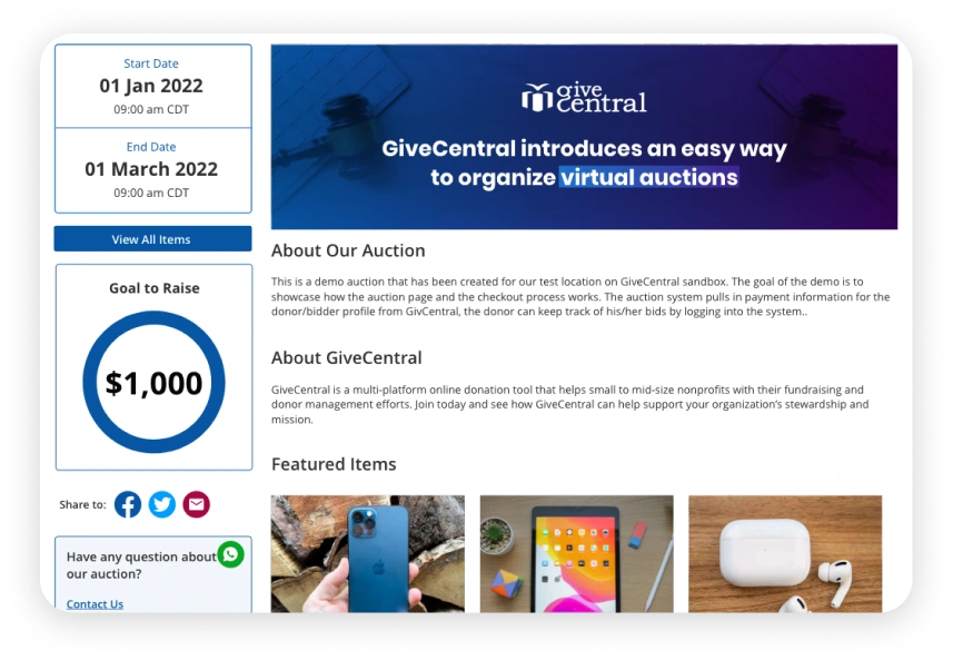 Screenshot of GiveCentral Auction homepage showing auction listings and platform layout