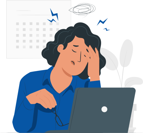 Illustrated graphic of a lady appearing stressed while viewing a laptop screen